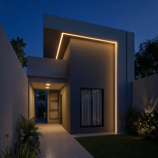 Fachada da Casa Bella Vista iluminada à noite, com friso LED em 3000K contornando a frente