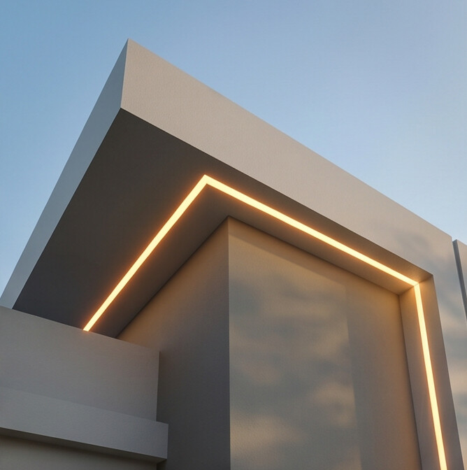 Detalhe construtivo do friso LED na quina da fachada