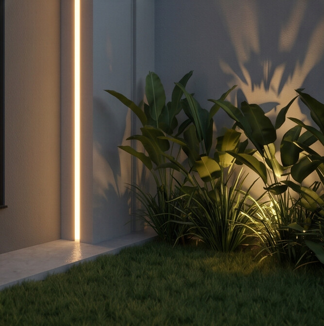 Friso vertical de LED ao lado do jardim com plantas tropicais