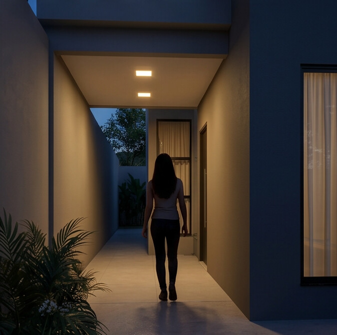 Mesmo corredor à noite, com iluminação quente vinda do forro e da porta de entrada