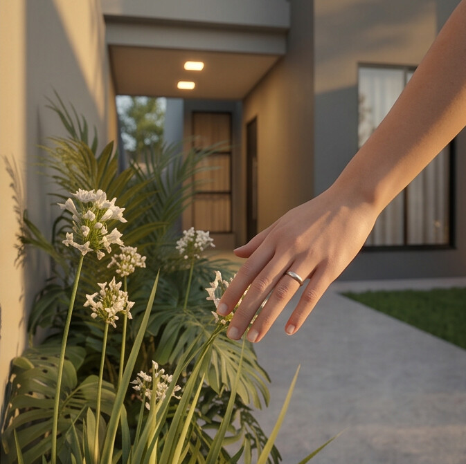 Detalhe da entrada com plantas tropicais e iluminação cálida
