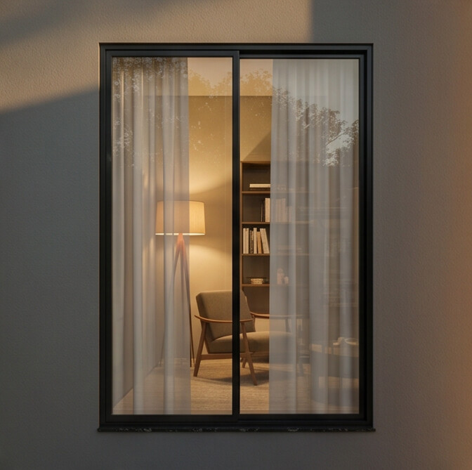 Janela da sala vista de fora à noite, com cortina de gaze e poltrona iluminada por luminária de chão