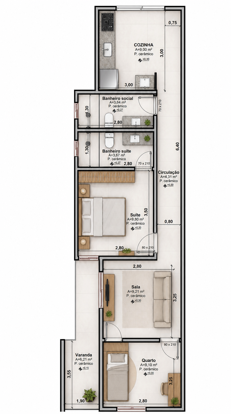 Planta baixa humanizada da Casa Bella Vista com mobiliário